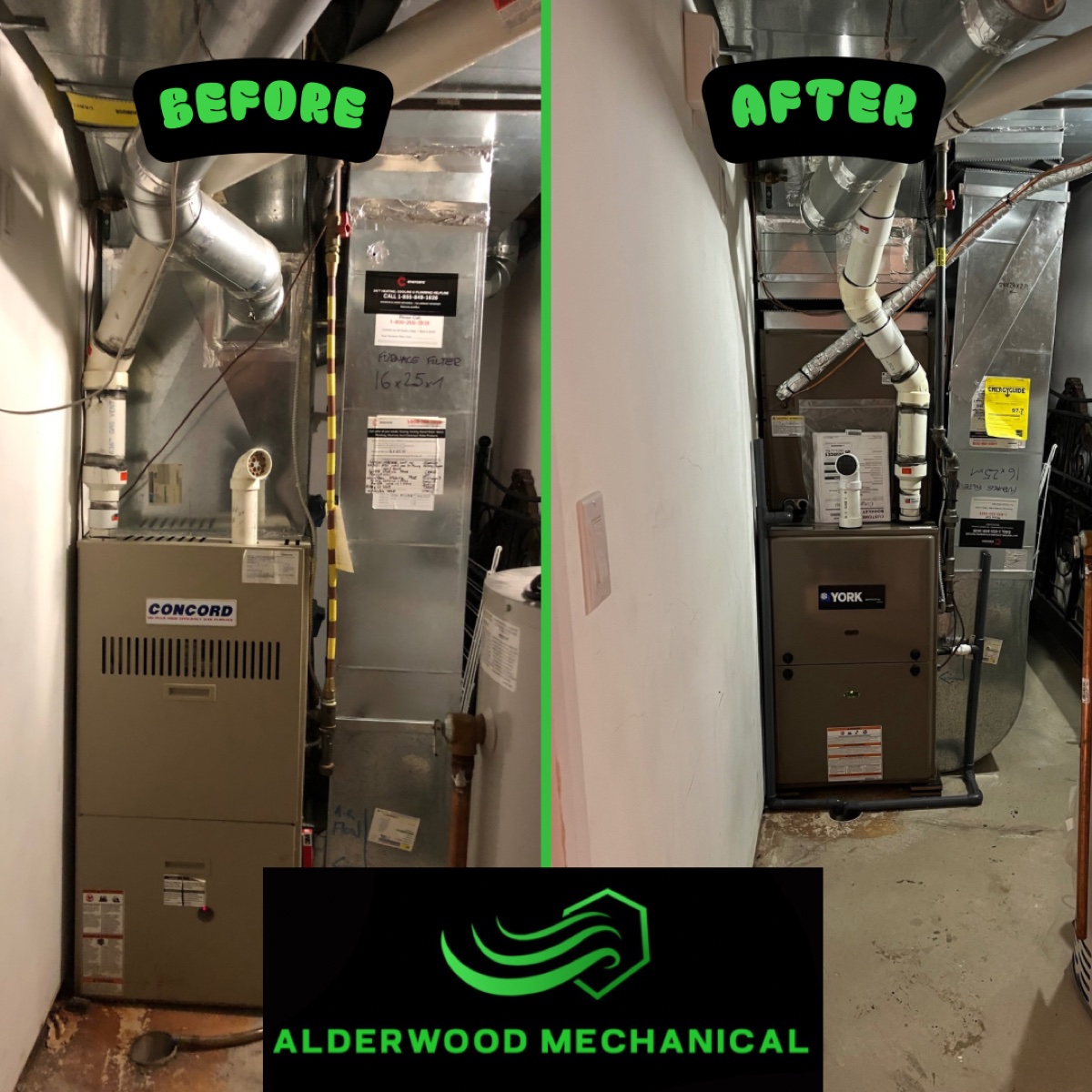 Furnace replacement before and after by Alderwood Mechanical