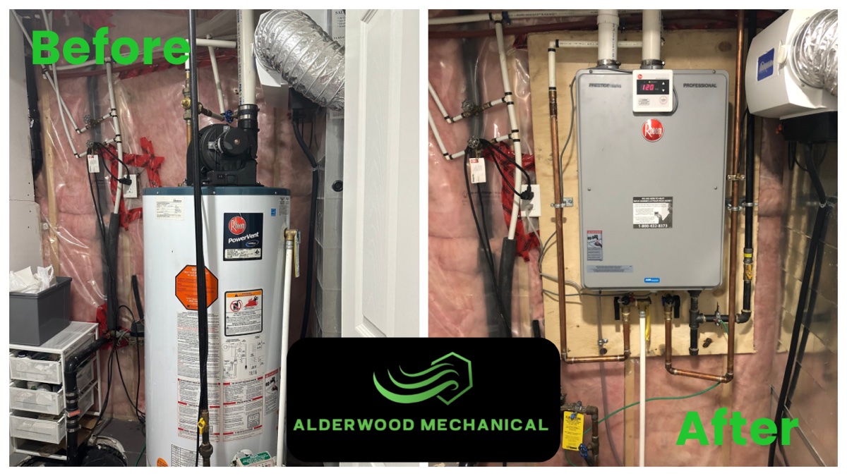 Old tank water heater replaced with tankless unit by Alderwood Mechanical